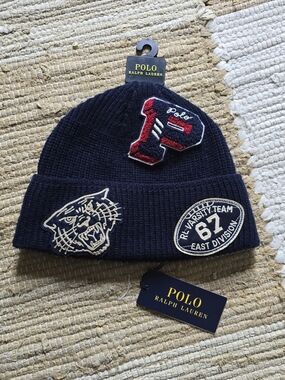 Polo by Ralph Lauren Navy Knit Patch Beanie with Red 'P' Accent